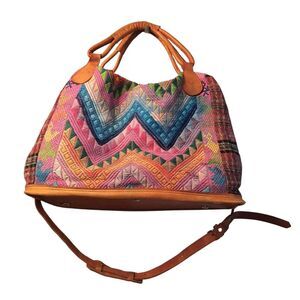 Huipil and Leather Day Bag Boho Weekender Guatemala Large Colorful Unused